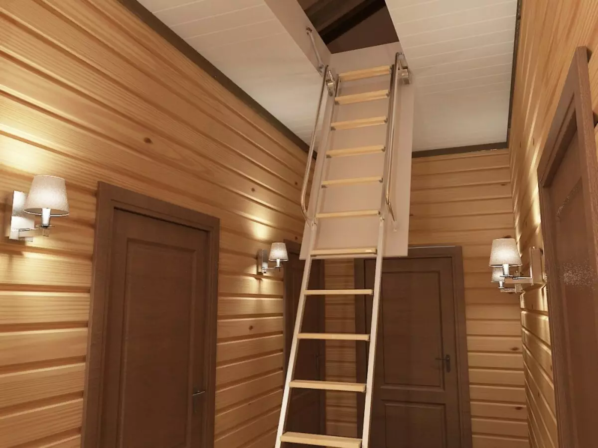 Лестница на чердак в частном доме деревянная