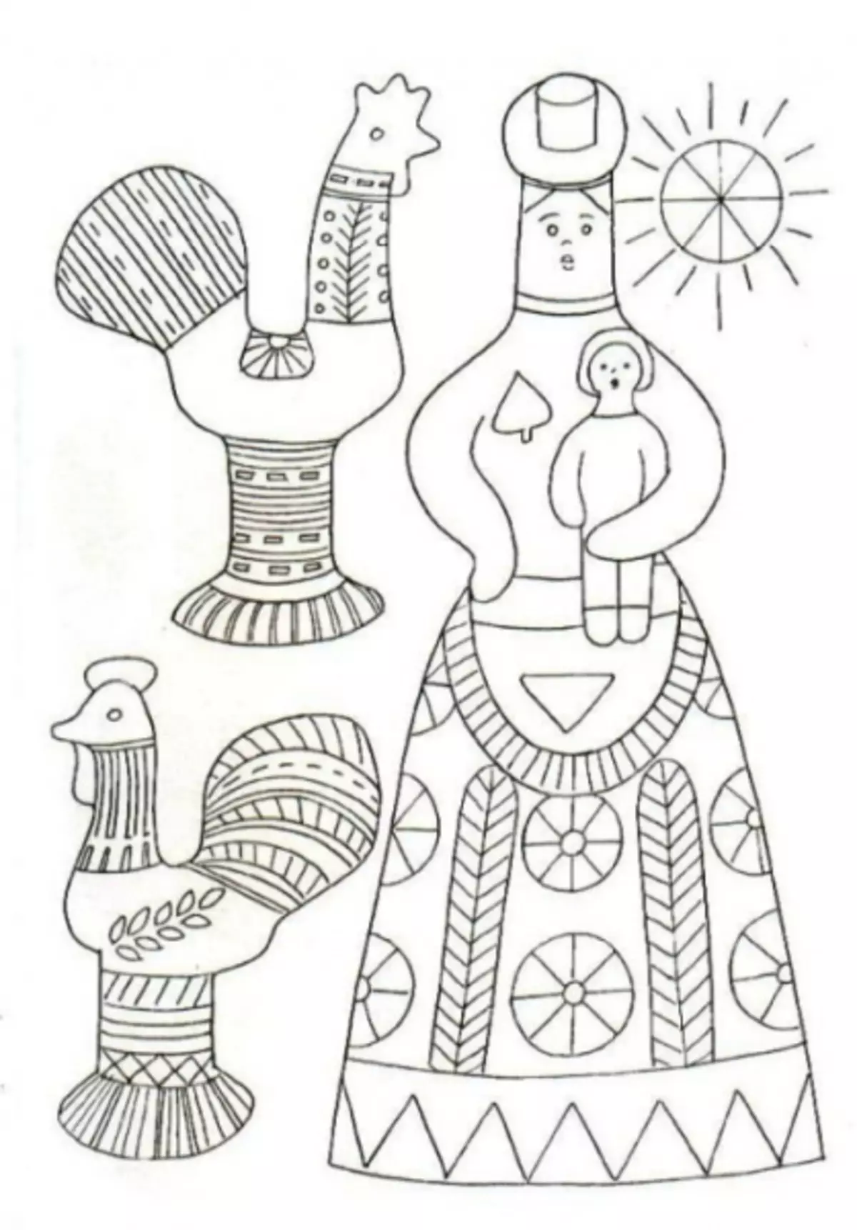 Filimonovsky ಟೆಂಪ್ಲೆಟ್ಗಳೊಂದಿಗೆ ಮಕ್ಕಳ ಹಂತಗಳಲ್ಲಿ ಮಾದರಿಗಳೊಂದಿಗೆ ಚಿತ್ರಕಲೆ