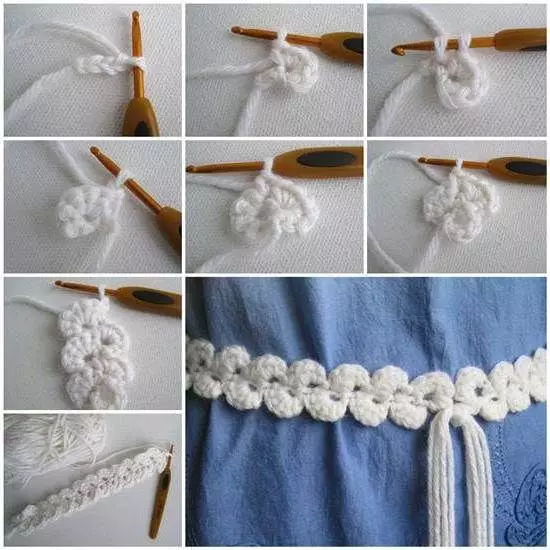 Crochet Belt: skema en beskriuwing fan 'e accessoire op in jurk mei in foto en fideo