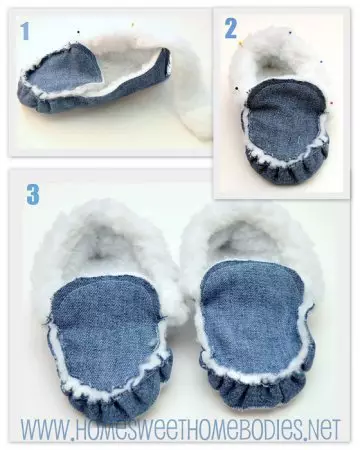 Pantofii de blană de bebeluși din piele de oaie: model și clasa master pe coaserea de la blugi vechi