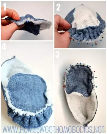 Baba bont pantoffels van skaapvel: patroon en meester klas op naaldwerk van ou jeans