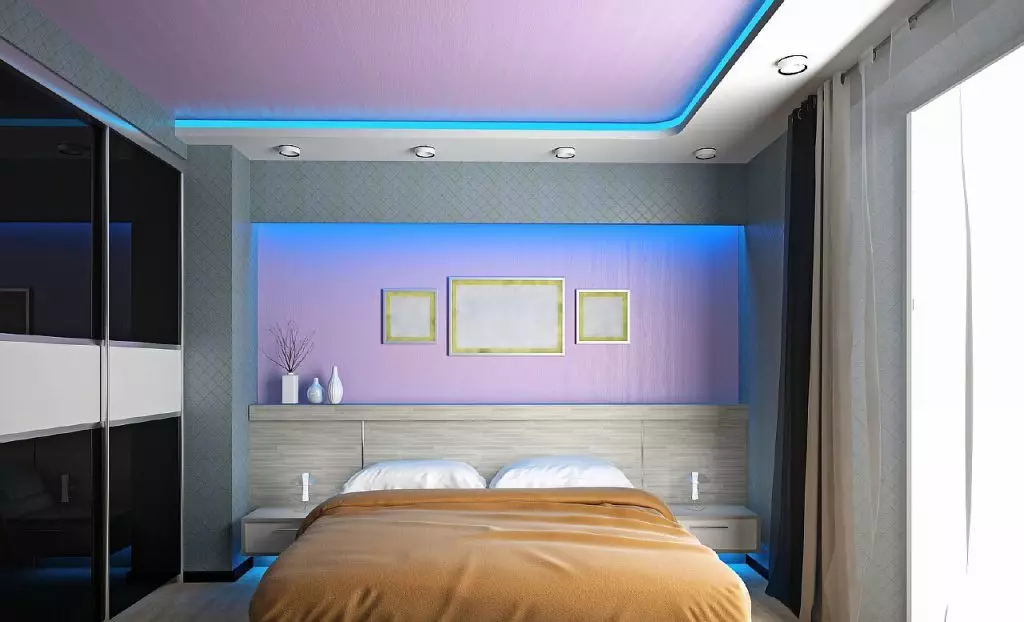 LED-achtergrondverlichting van het stretch plafond in de slaapkamer