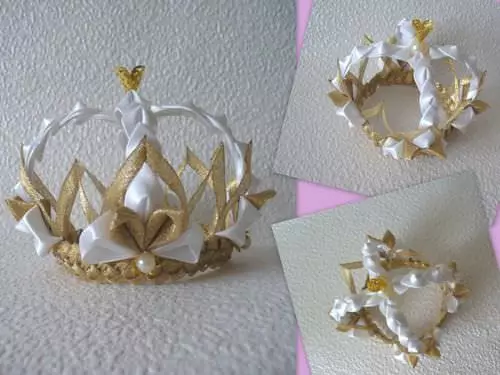 ຫ້ອງຮຽນແມ່ບົດກ່ຽວກັບ Kanzashi Crown ຈາກເທບສໍາລັບປີໃຫມ່ດ້ວຍຮູບພາບແລະວີດີໂອ