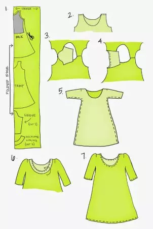 Malo obleke z rokavom brez vlečenja: vzorec direktnih rezanih oblek