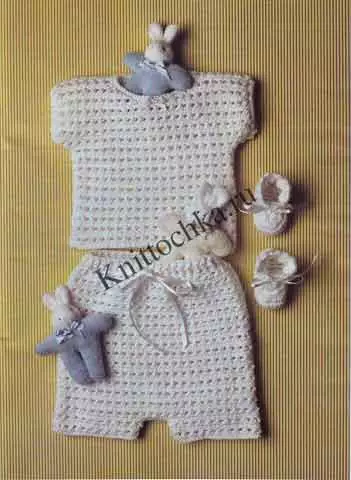 Knitting kanggo bayi sing anyar: kemul, kupluk, booties, blus + foto