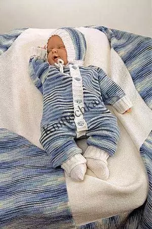 Stickning för nyfödda: filt, hatt, booties, blus + foto