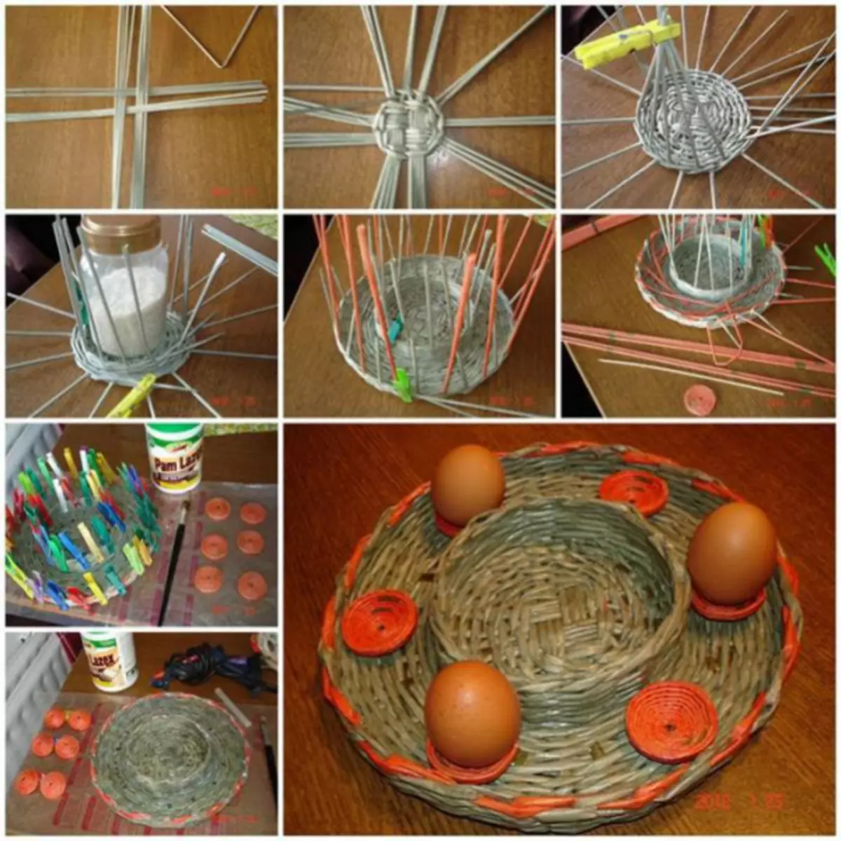 Stand for Easter eggs from newspaper tubes and beads