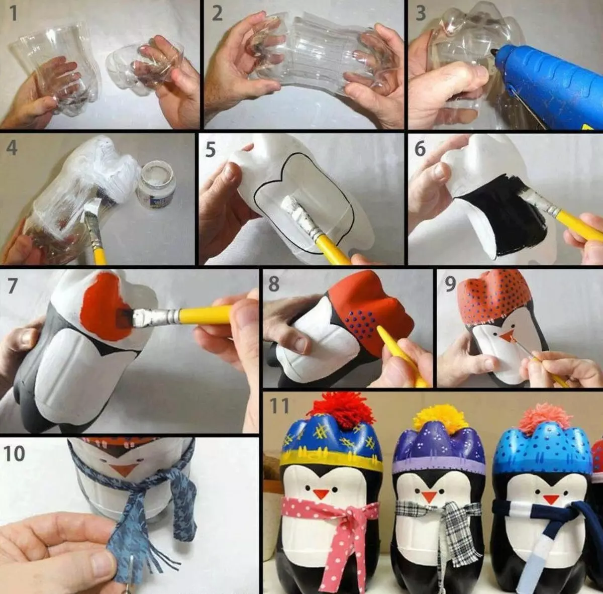פינגווין מבקבוקי פלסטיק עם הידיים שלהם