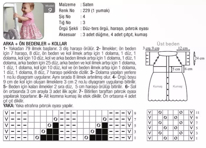 Vestido de punto para niñas con tejido con diagramas y descripciones: practico tejido para bebés
