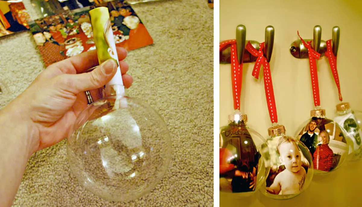 Novoroční dekorace s rukama na vánoční stromeček a na láhev s fotografií