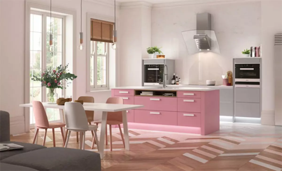 3 идеально подходит для. Розовая кухня. Кухня в розовом цвете. Розовая кухня в интерьере. Бело розовая кухня.