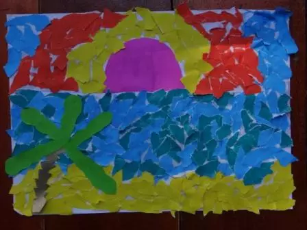 兒童用自己的手從彩色紙上的貼花：打印模板