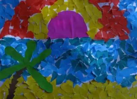 Kinders se appliques van gekleurde papier met eie hande: druk templates