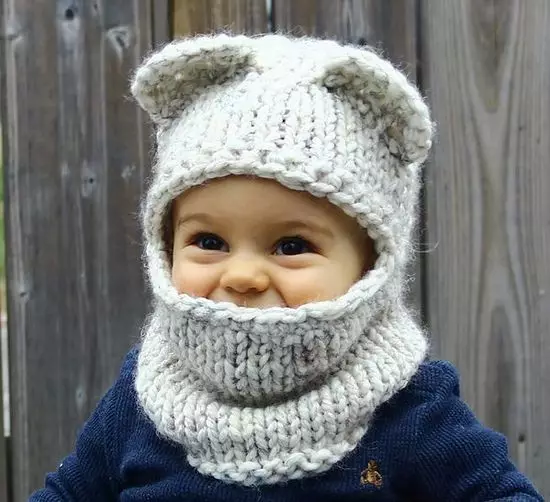 Børns hat med striknåle: Sådan binder du et nyt tøj med ører til baby med billeder og videoer