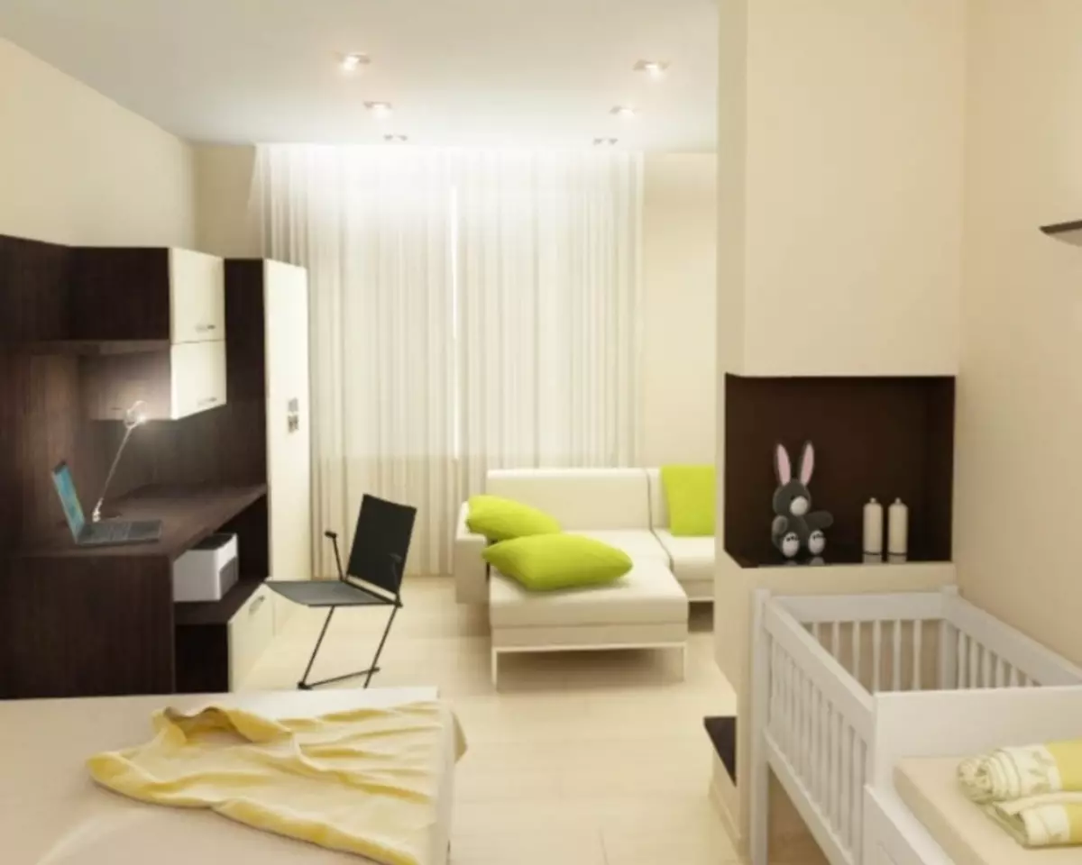 Дизайн на спалня 10, 13, 15 m2 в високи сгради за семейство с бебе, снимка