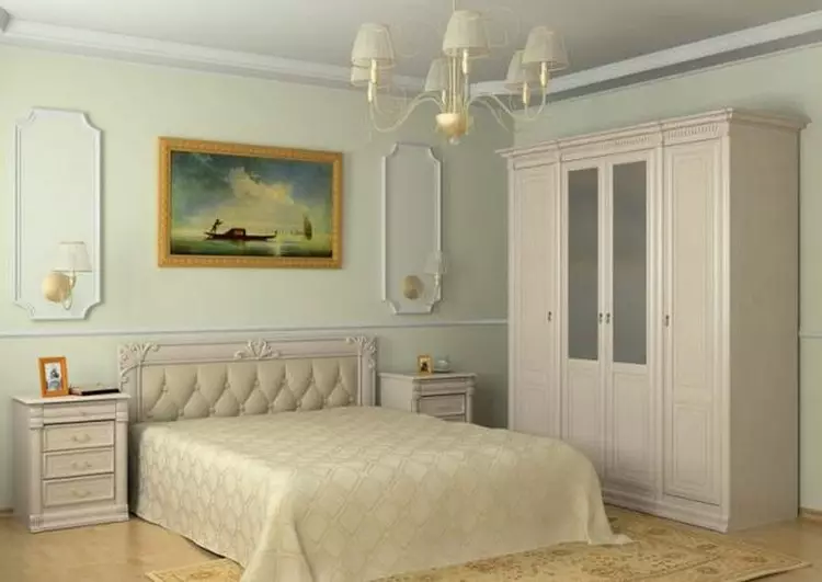 如何将家具放在卧室：例子内部与床下的成品床，衣柜和梳妆台（36张）