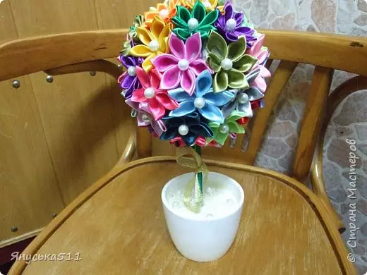 Kanzashi ٹیکنالوجی میں پھولوں اور کینڈیوں سے Topiaria: تصویر کے ساتھ ماسٹر کلاس