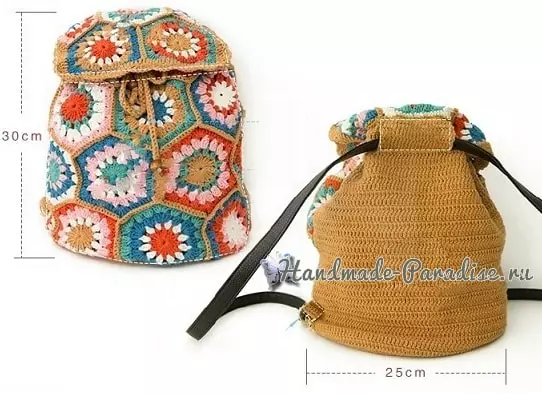 I-Backpack Crochet evela kwi-hexagonal yeemoti. Izikimu