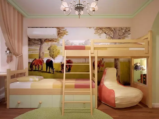 Design der Einzimmerwohnung für eine Familie mit zwei Kindern