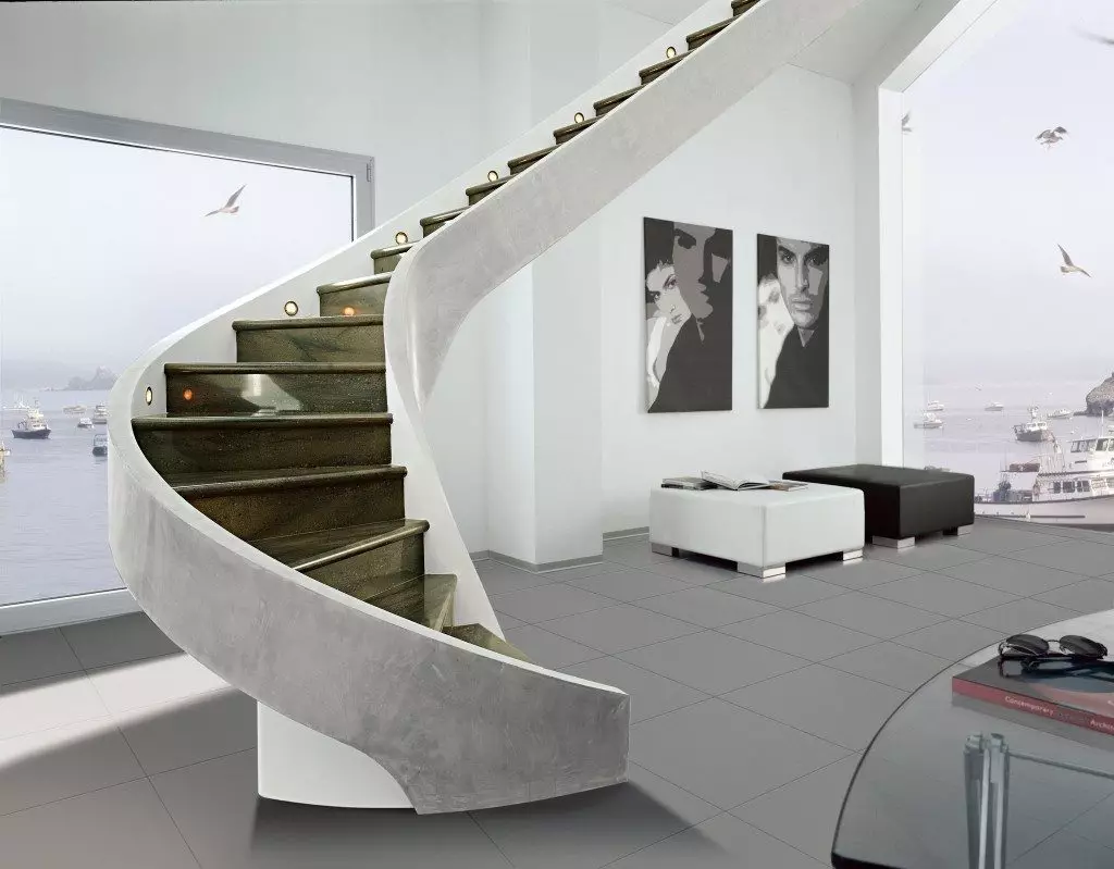 Screw concrete staircase with porcelain trim
