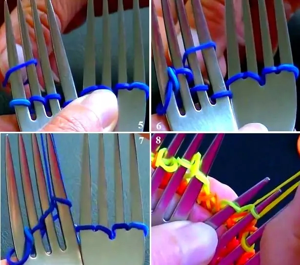 如何在叉子上編織用橡膠製成的手鐲：帶照片和視頻的方案