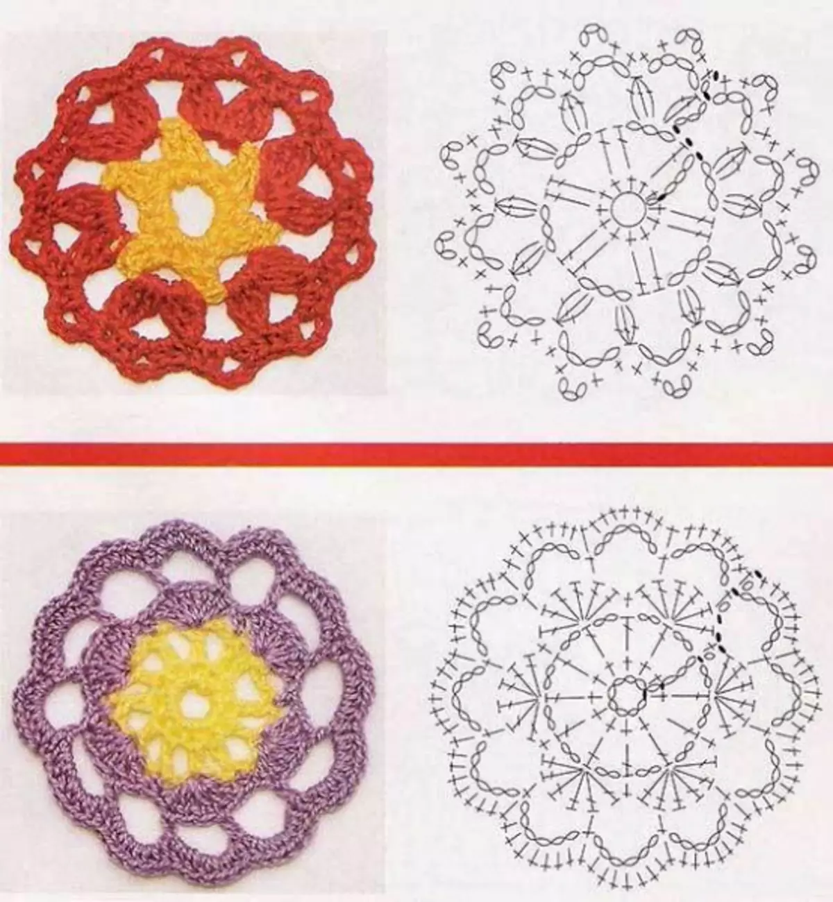 Motivos de ganchillo redondos y cuadrados con esquemas.
