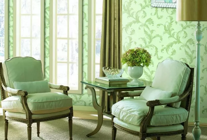 Wallpaper warna pistachio ing njero ruangan