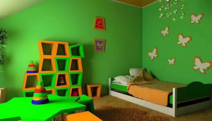 बच्चों के कमरे के इंटीरियर में सलाद रंग वॉलपेपर