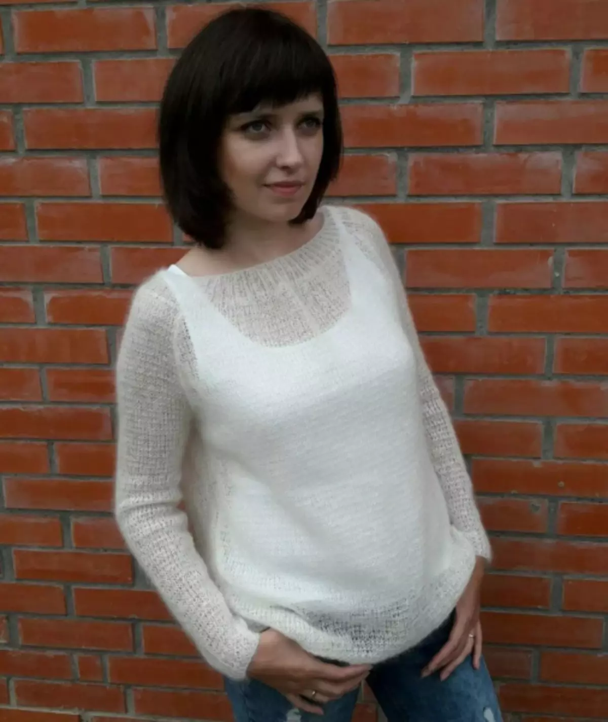 White knitted sweater: female and male option with photos and videos
