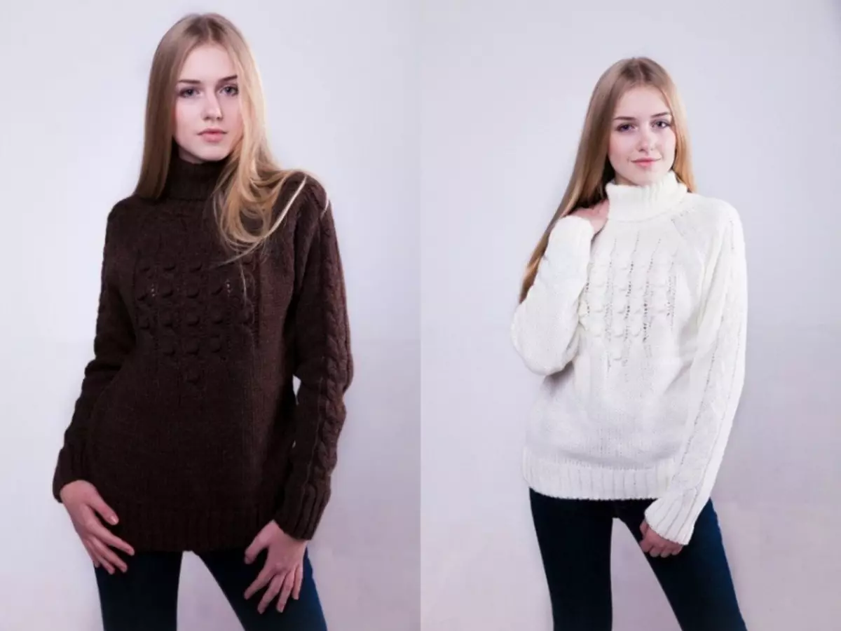 大きな編み針の白いセーター：写真と女性と男性の選択肢