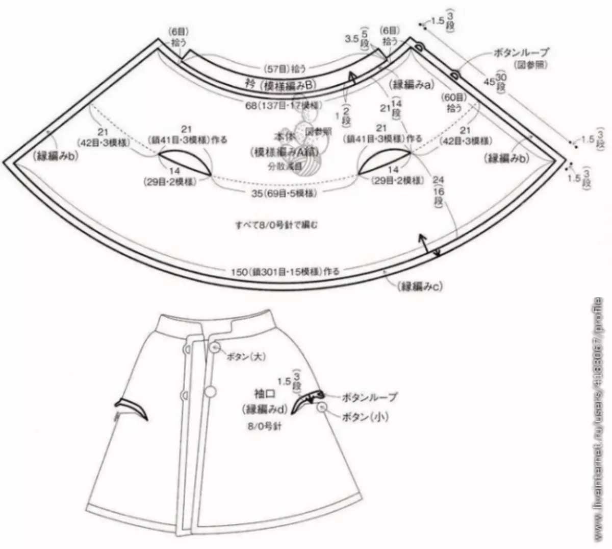 編み物とかぎ針編みのある草からのボレロ：説明とビデオを持つスキーム