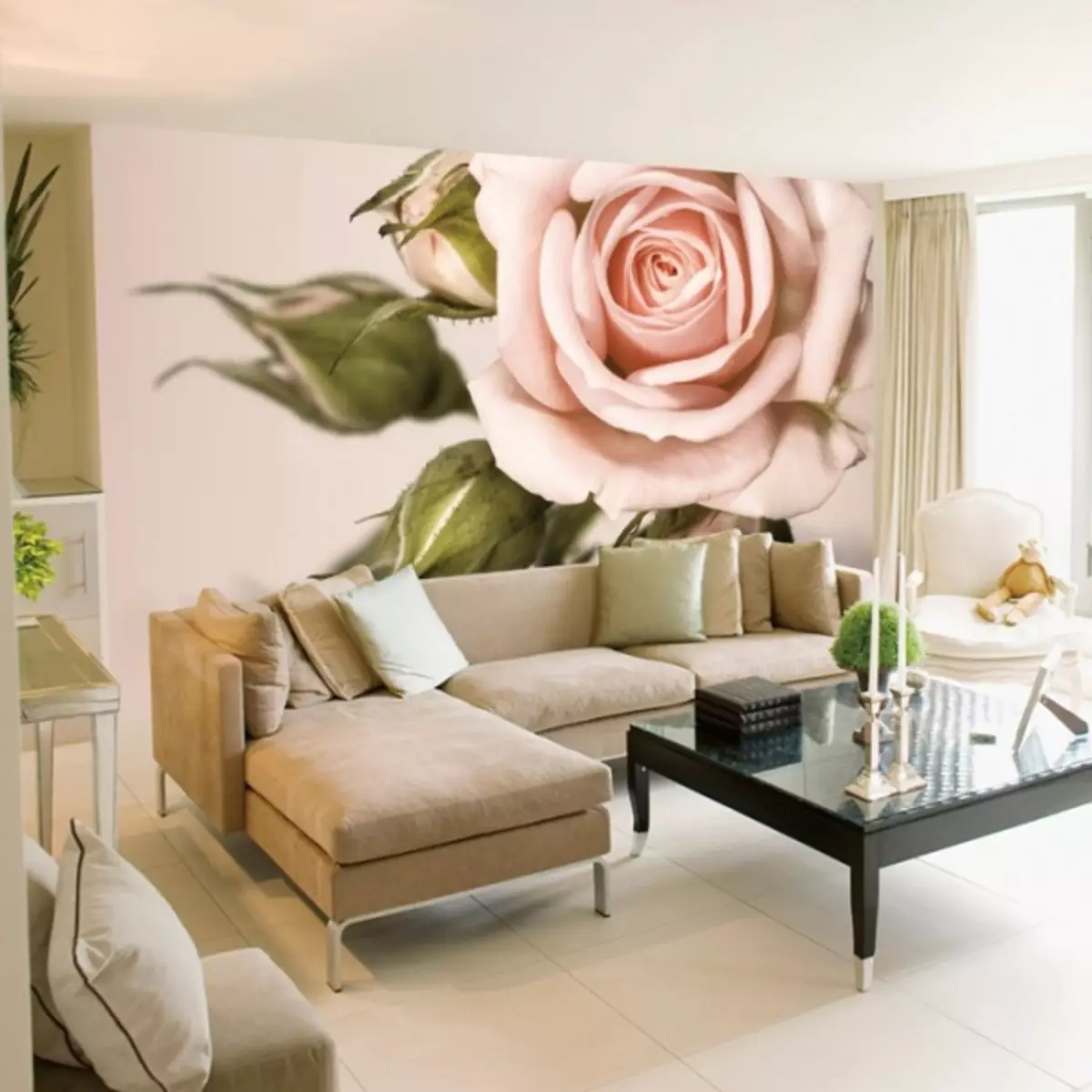 Flors murals de paret a l'interior: 100 fotos d'impressions florals a la paret