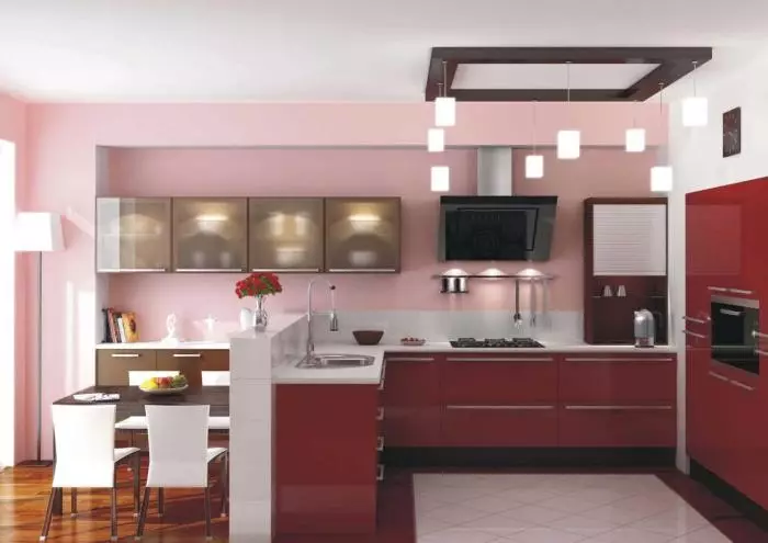Verwenden Sie im Inneren der Küche der rosafarbenen Tapete