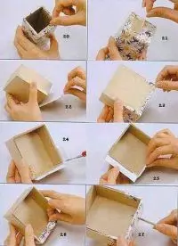 Papīra kaste ar savām rokām ar diagrammām un fotogrāfijām