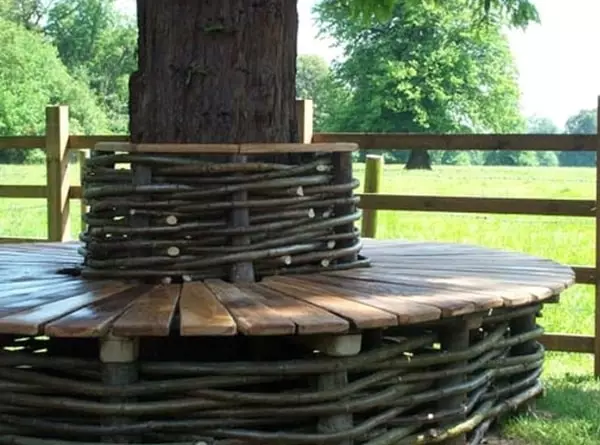 Anordnung um den Baum: Blumenbeet, Bank, Tisch und sogar Pavillon