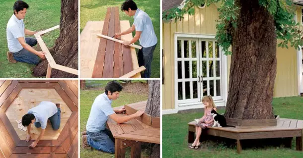 Arrangement around the tree: flowerbed, bench, table and even gazebo