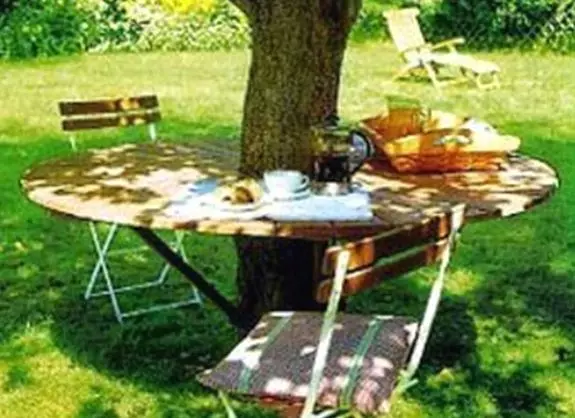 Arrangement omkring træet: Blomsterbed, bænk, bord og endda lysthus
