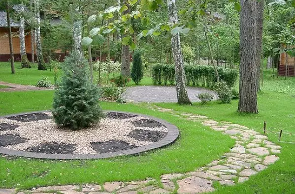 Arrangement rundt treet: blomsterbed, benk, bord og til og med lysthus