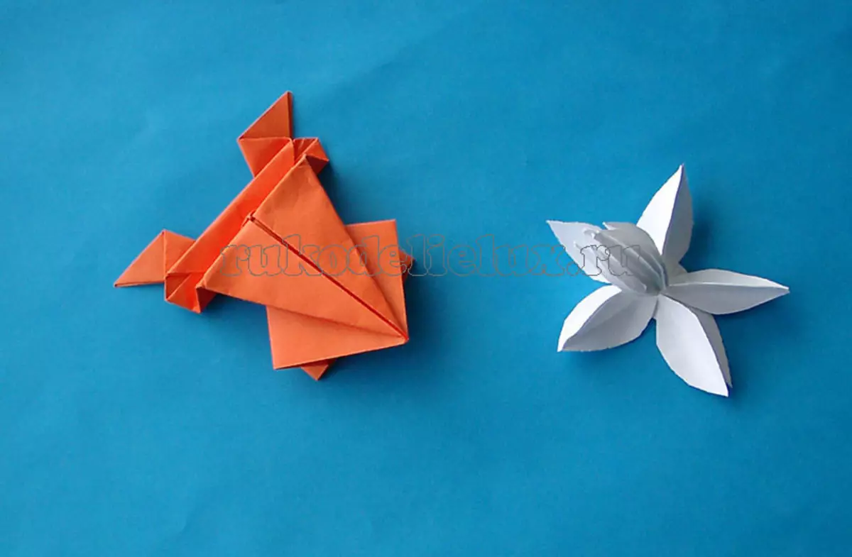 Sprangen Frosch aus Pabeier: Origami Technologie Schemaen