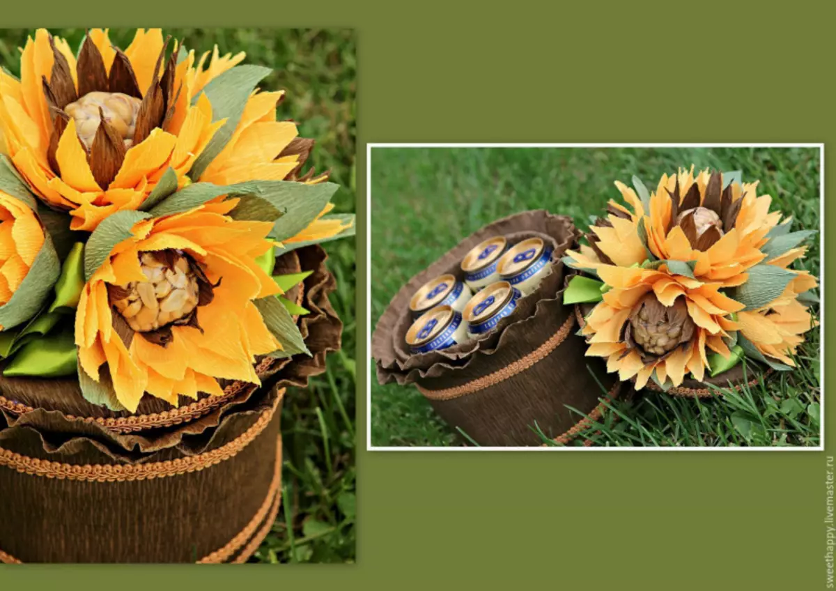 Sunflower from corrugated paper with candy in master class