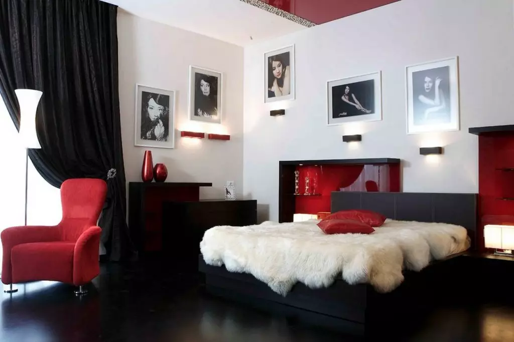 Black white bedroom interior.