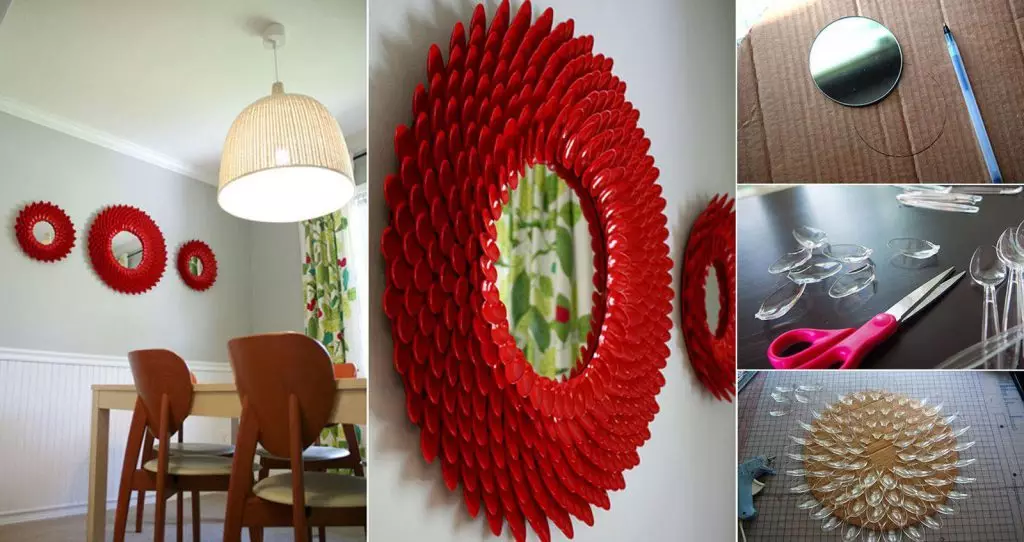 Decoración del espejo con cucharas de plástico.