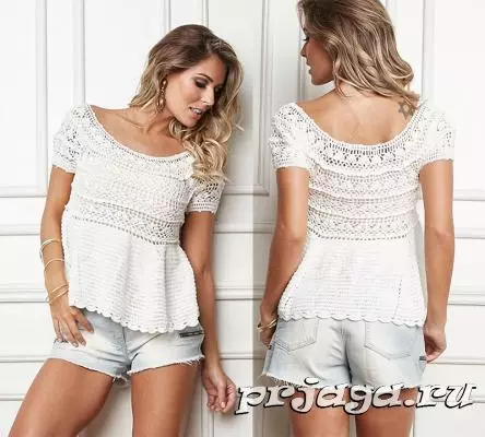 Summerblouses mat Crochet: Schemaen an Beschreiwunge vum Stripping Liicht Openkopkope mat Fotoen a Videoen