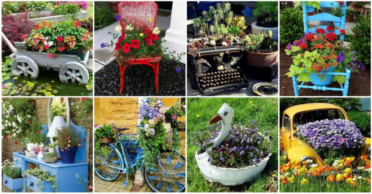 Blomster i gamle ting: Usædvanlige ideer til blomsterbed (40 billeder)