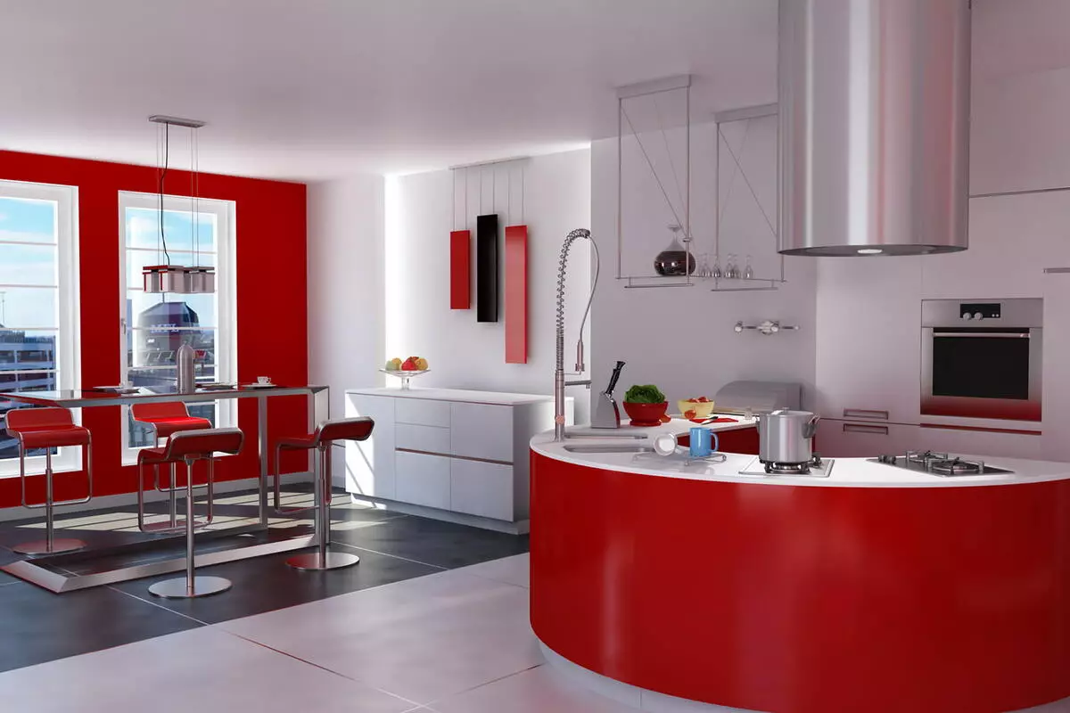 Interior da cozinha em vermelho: tudo