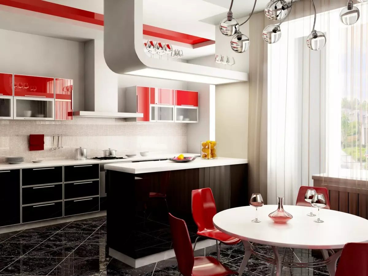Interior da cozinha em vermelho: tudo
