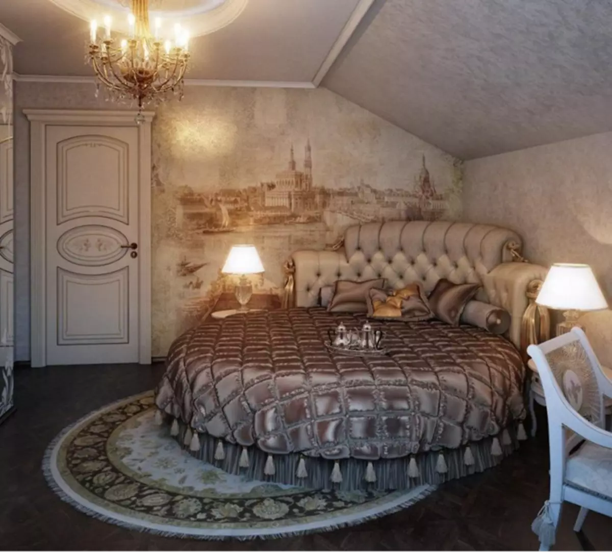 Covor rotund în interiorul dormitorului stil clasic