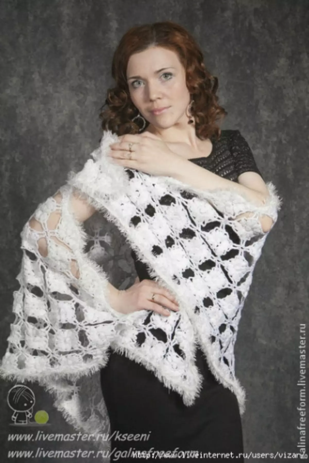 White Crochet Shawl ine brushes: Diagram uye tsananguro nezvidzidzo zvevhidhiyo