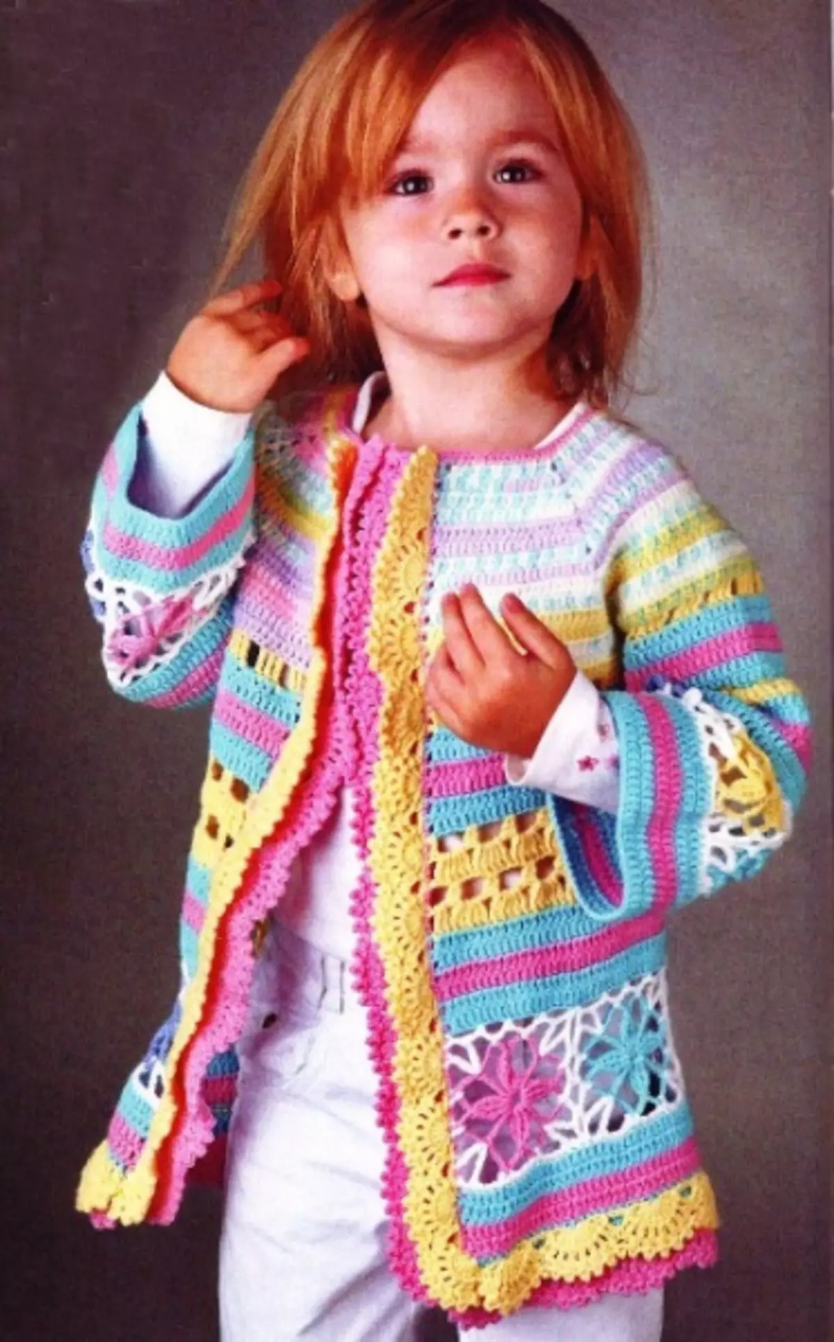 OpenWork Crochet jakna bez učvršćivača za djevojku: sheme i opise