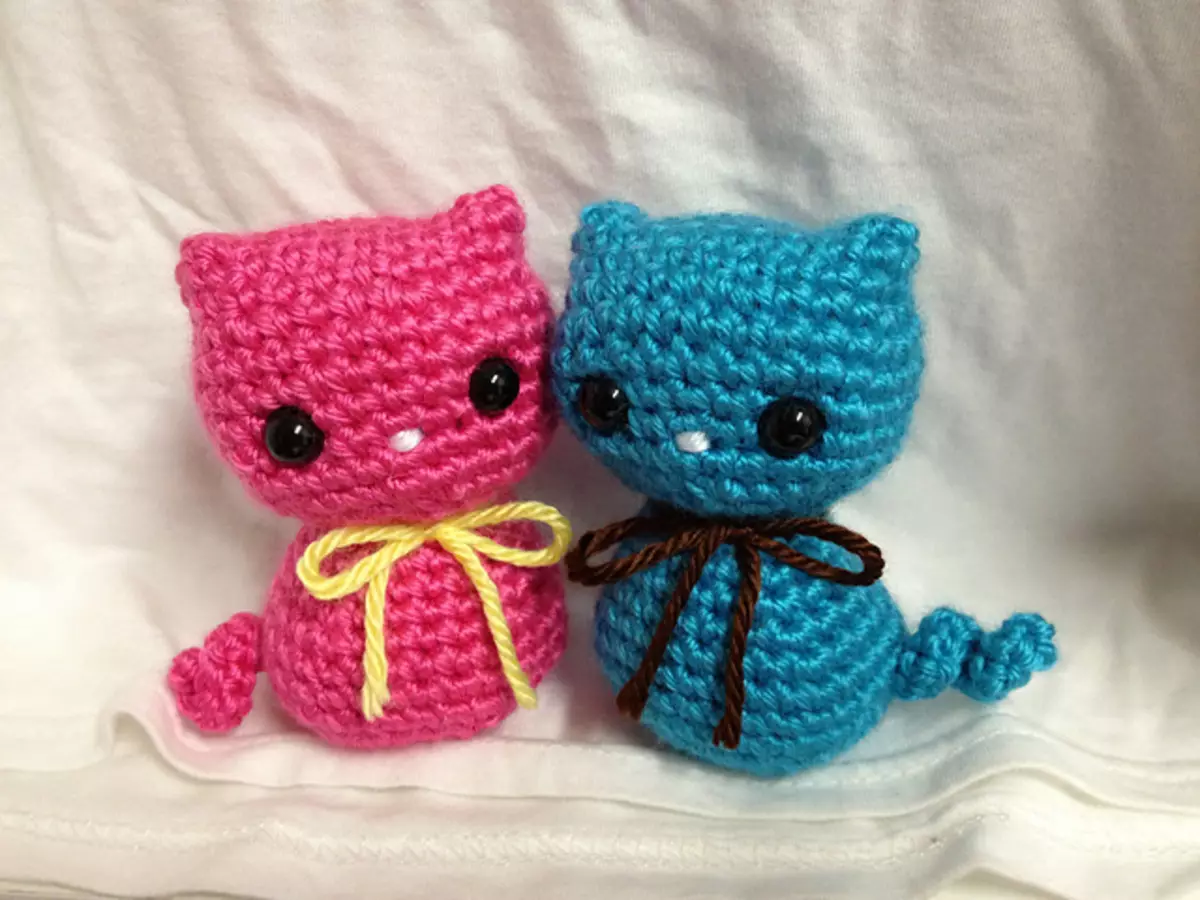 Ucing Amigurumi: skema produk sareng poto sareng video pikeun pamula